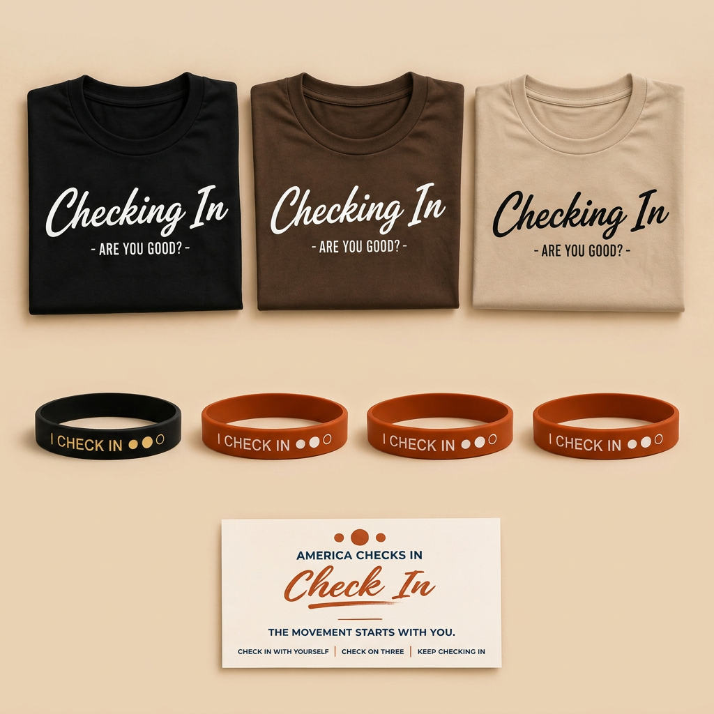Black, brown and tan Checking In — Are You Good? T-shirts with one Black + Gold I CHECK IN wristband, three Clay Rust I CHECK IN wristbands and the America Checks In Check In card