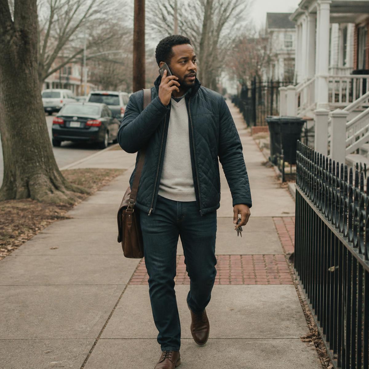 A man walking home through his neighborhood, mid-call with someone who came to mind.