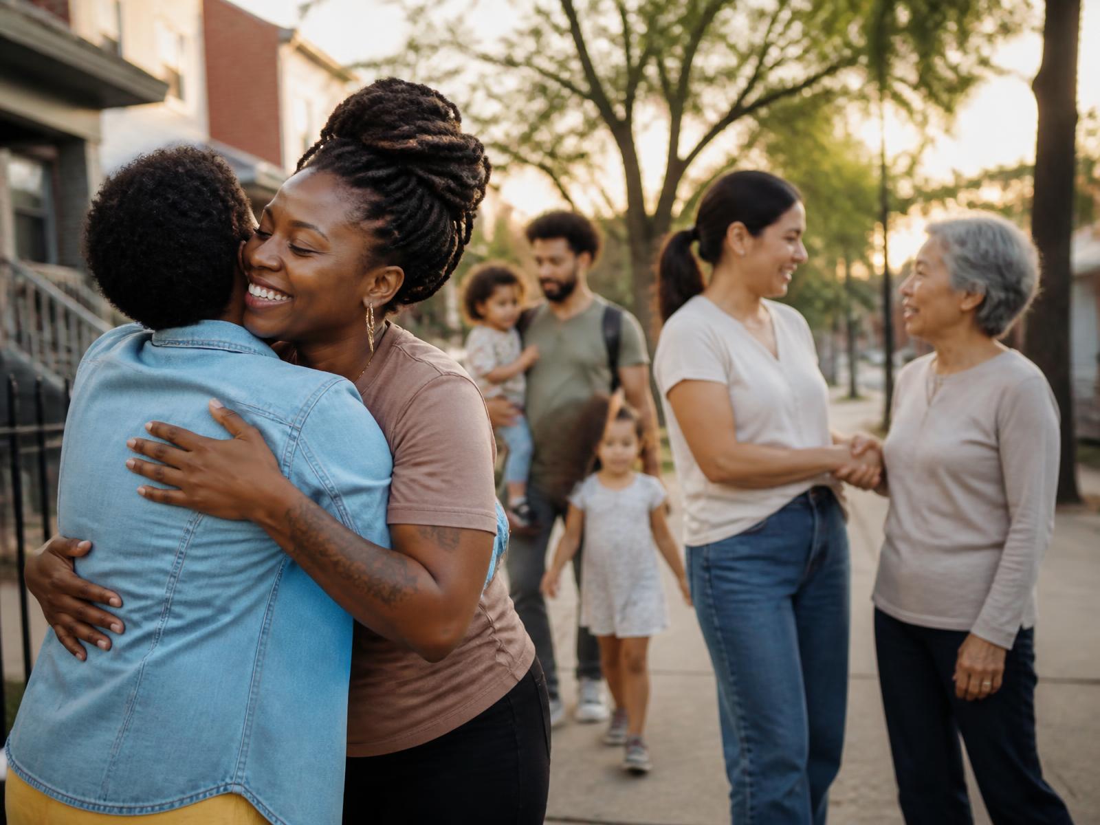 People from different generations and backgrounds reconnect during a genuine community moment.