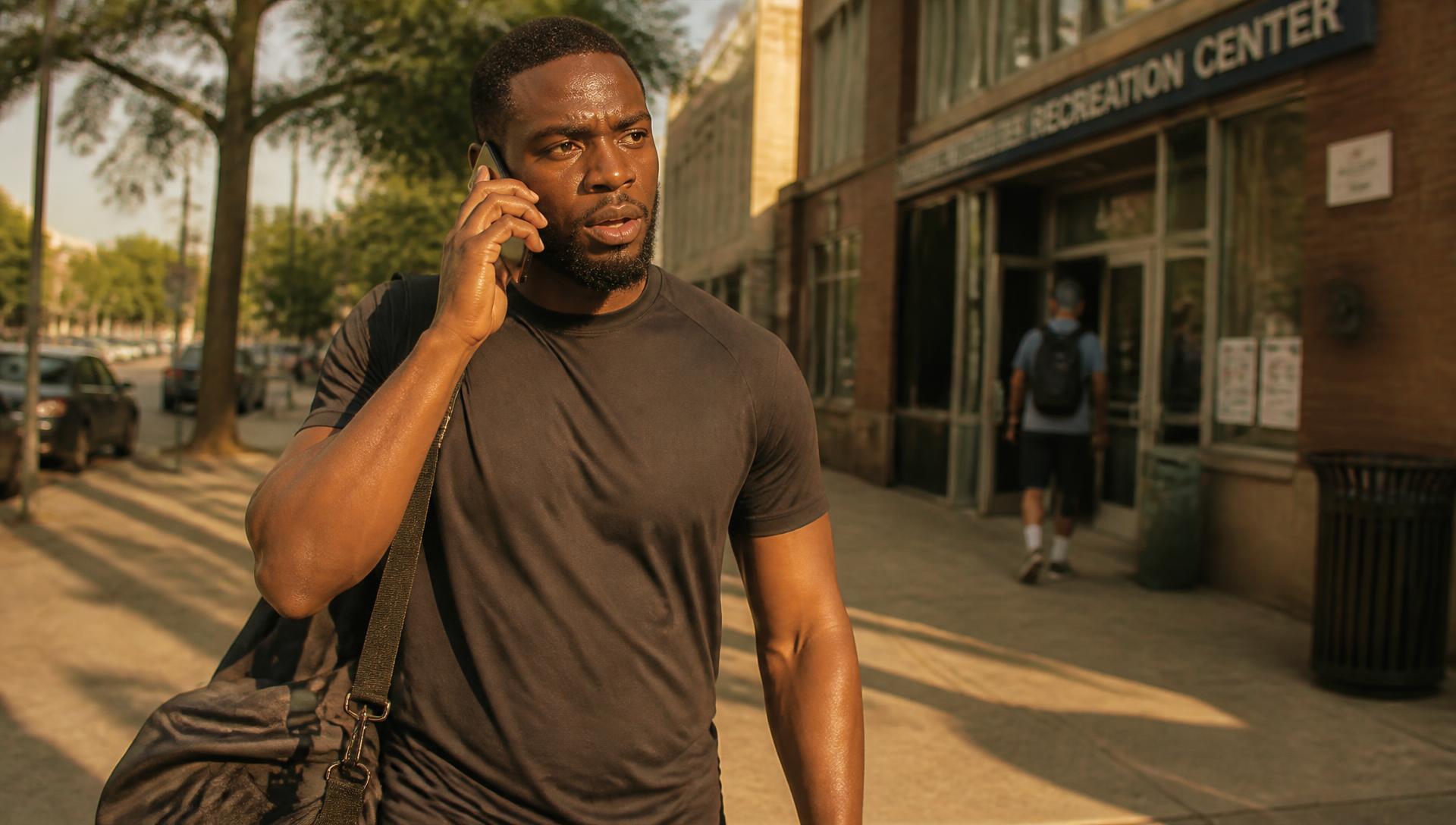 A man walking down a neighborhood sidewalk after leaving a community recreation center, phone to his ear, checking in on someone.