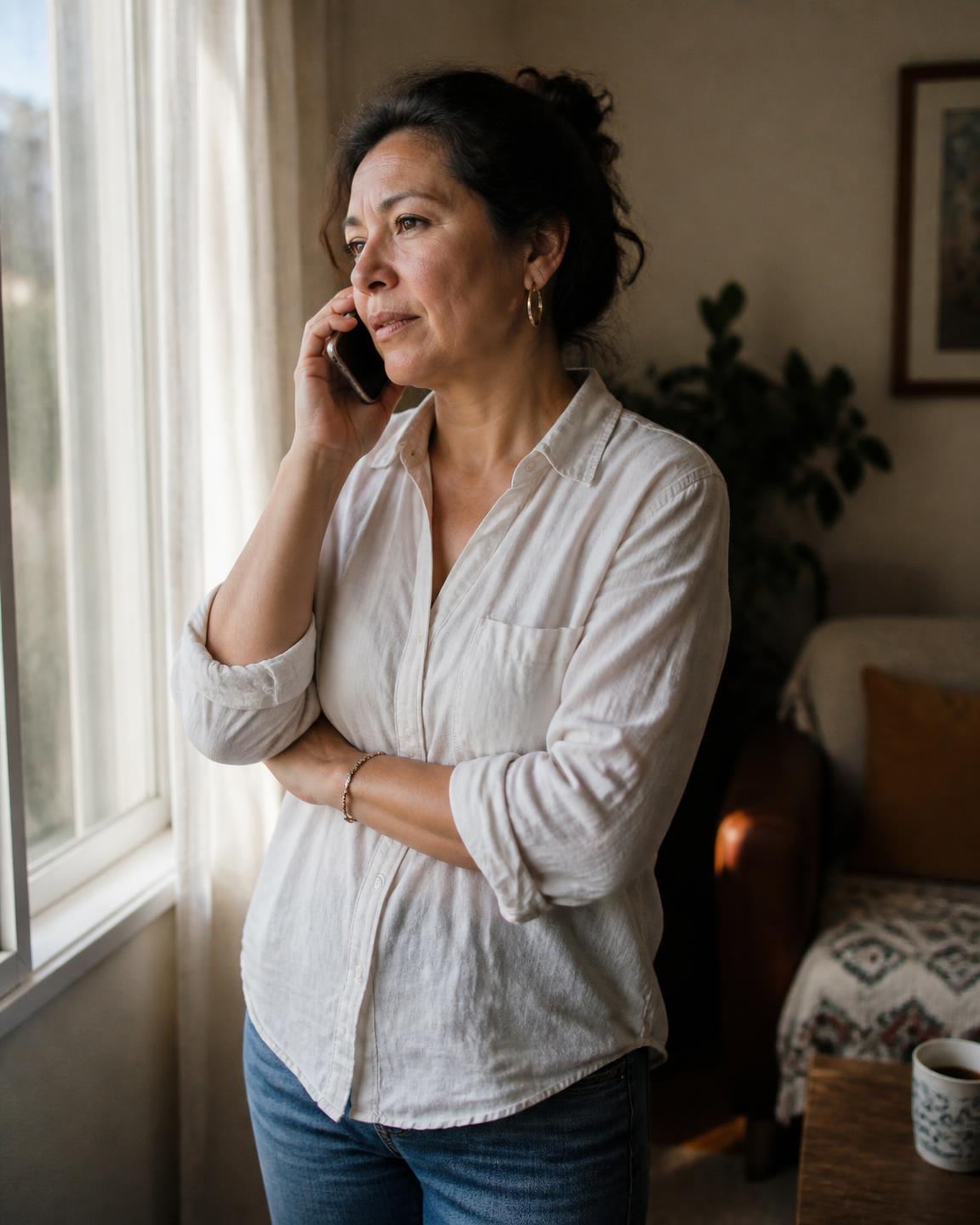 A Hispanic woman pauses by a window while making a personal check-in call.